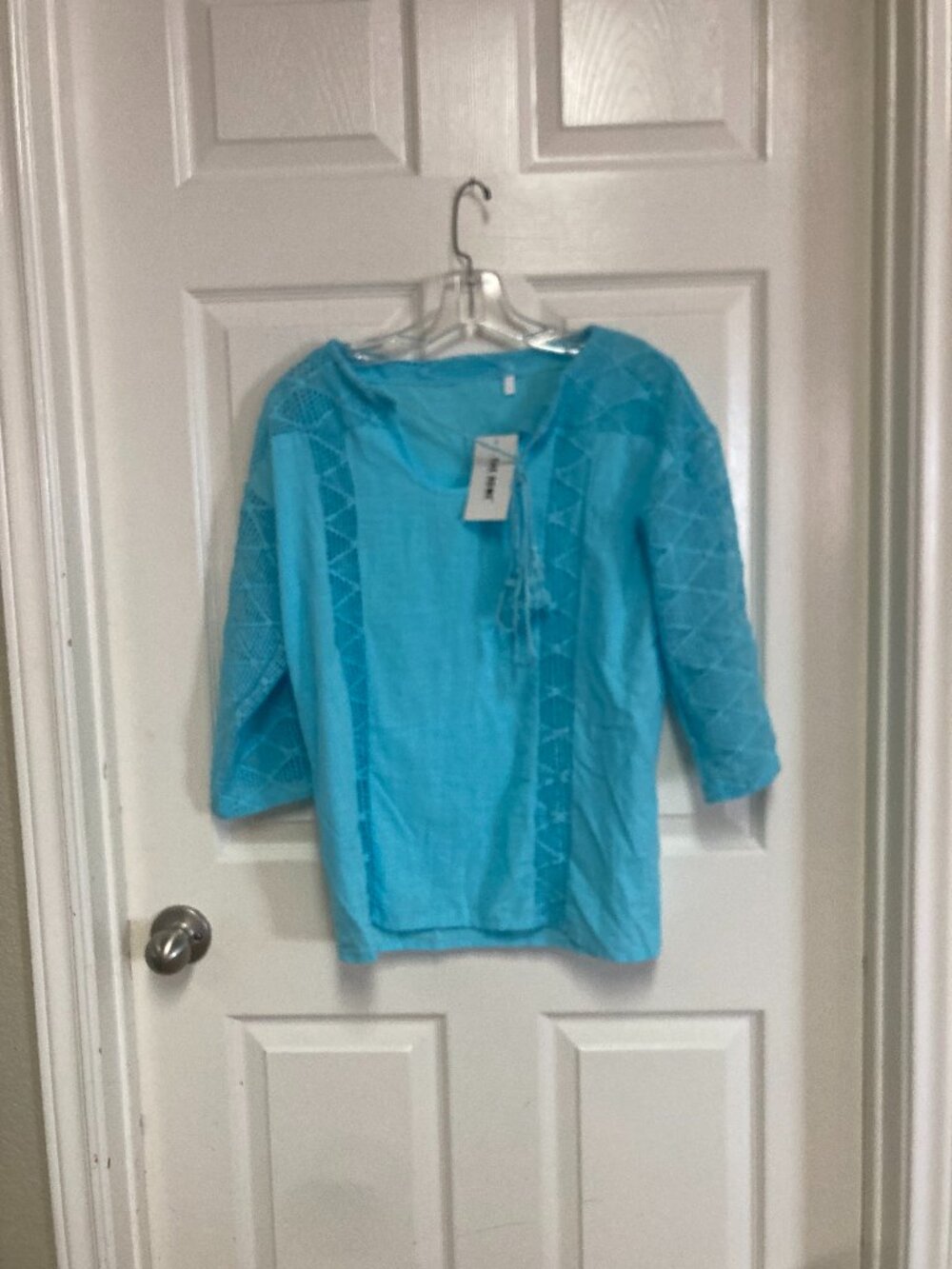 Women's Blue Lace Sleeve Blouse no brand only tag is L for size Large Women's